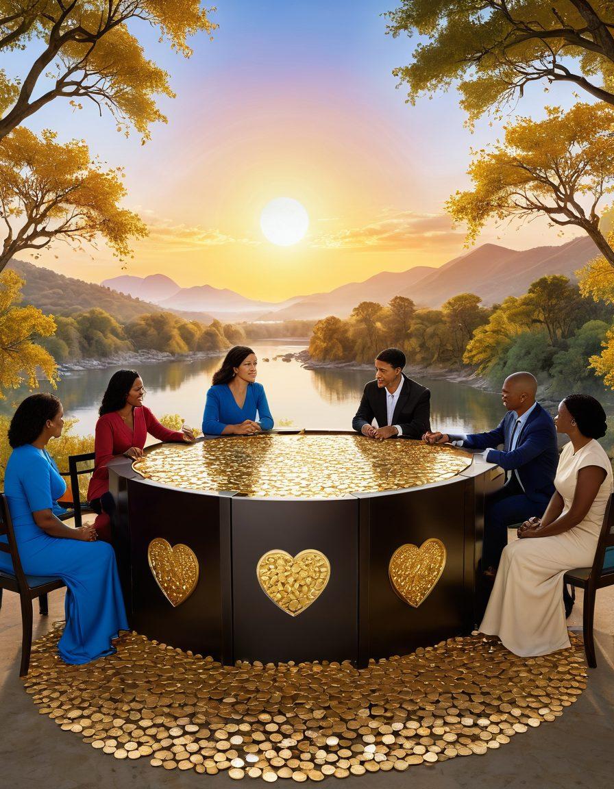 A heart-shaped vault overflowing with gold coins and shimmering jewels, symbolizing financial security. Surround the vault with a diverse group of people joyfully discussing and examining the coverage options laid out on a table. In the background, depict a serene landscape that blends nature with modern finance, like a river of coins flowing towards a bright sunrise. Vivid colors. super-realistic. vibrant and inviting atmosphere.