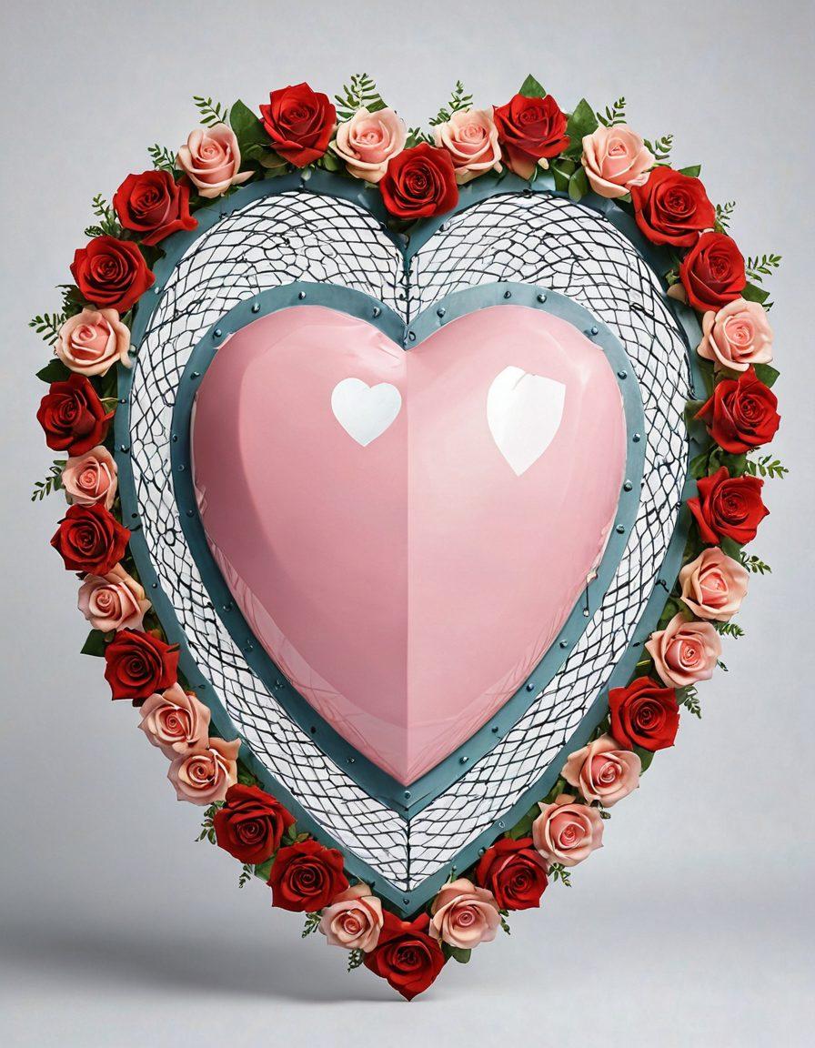 A heart-shaped shield symbolizing protection, surrounded by floating icons of insurance policies, a couple holding hands, and soft, glowing light to depict warmth and affection. Include subtle elements like dollar signs and safety nets intertwined with roses to represent both risk management and romance. Soft pastel colors to evoke emotions. super-realistic. vibrant colors. white background.